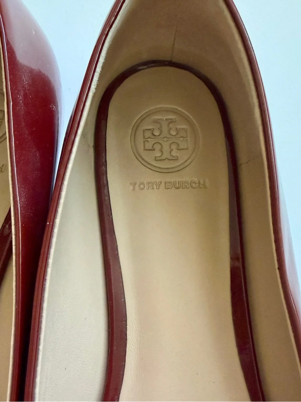 Tory Burch Maroon Patent Peep-Toe Bow Flats with Gold Logo Accent